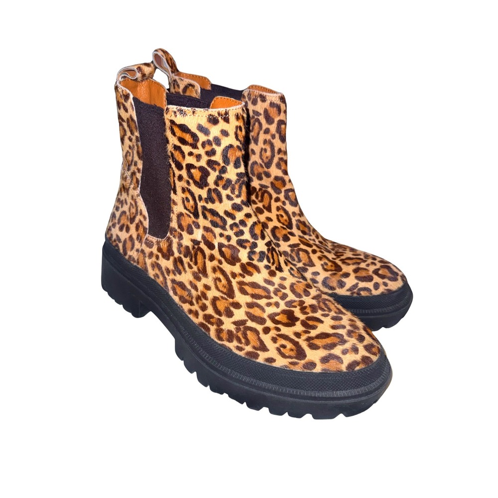 Lucky Brand Womens‎ Leopard Calf Hair Chelsea Boots Lug Sole Brown Tan Size 11
